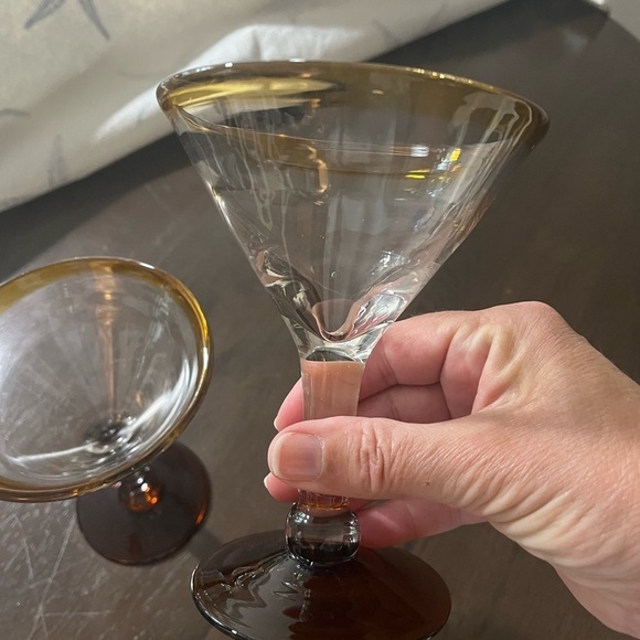 2 Amber Rimmed Stemware Glass 6” Hand-blown Mexican clear bar pedestal Glasses - Picture 7 of 9